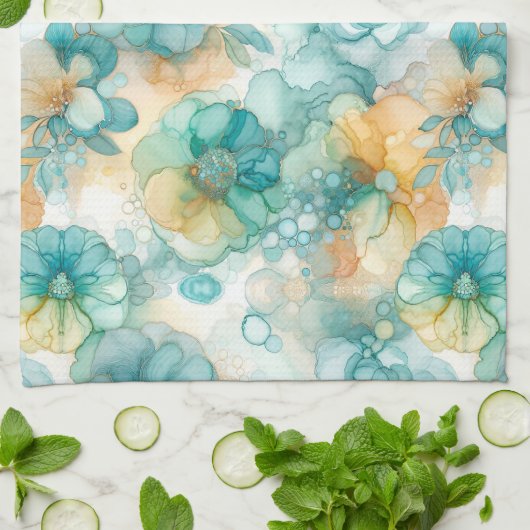 ティール(緑がかった色)と黄色の花アルコールインクイラストレーション キッチンタオル (折り畳み)