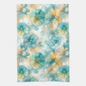 ティール(緑がかった色)と黄色の花アルコールインクイラストレーション キッチンタオル (縦)