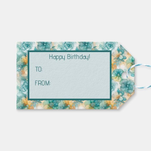 ティール（緑がかった色）と黄色の花アルコールインクイラストレーション ギフトタグ (正面(横))