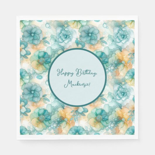 ティール(緑がかった色)と黄色の花アルコールインクイラストレーション スタンダードランチョンナプキン (正面)