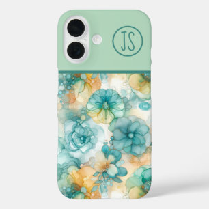 ティール(緑がかった色)と黄色の花アルコールインモノグラムのク iPhone 16ケース
