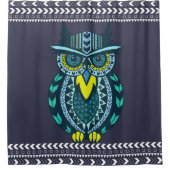 ティール（緑がかった色）と黄色の部族パターン（の模様が）あるフクロウ シャワーカーテン (正面)