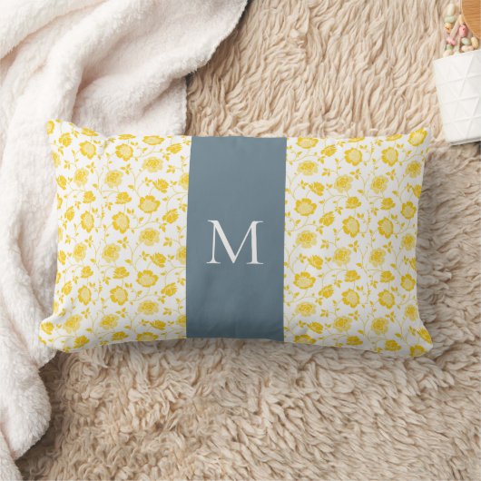 ティール(緑がかった色)と黄色フローラ腰枕 ランバークッション (ブランケット)