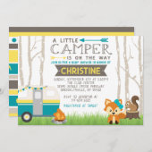 ティール(緑がかった色)と黄色RVキャンパーウッドランドベビーシャワー 招待状 (正面/裏面)