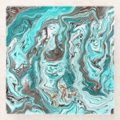 ティール（緑がかった色）と黒の大理石の流体アート ガラスコースター (正面)