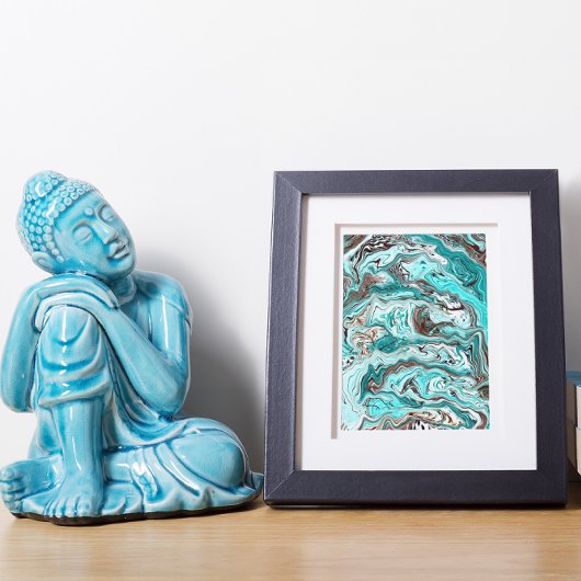 ティール（緑がかった色）と黒の大理石の流体アート フォトプリント           