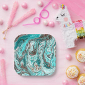 ティール（緑がかった色）と黒の大理石の流体アート ペーパープレート (パーティー)