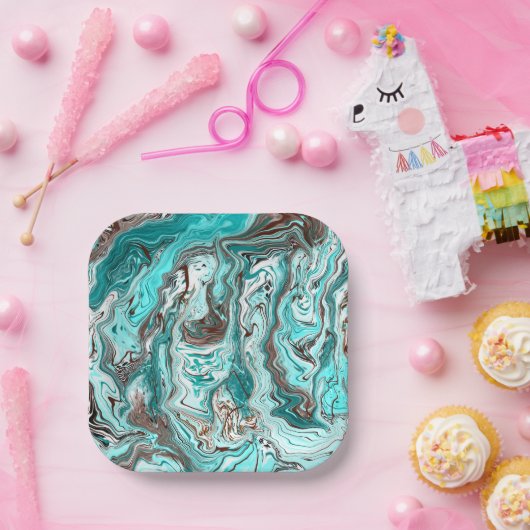 ティール（緑がかった色）と黒の大理石の流体アート ペーパープレート (パーティー)