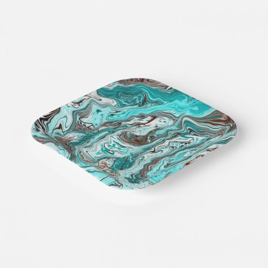 ティール（緑がかった色）と黒の大理石の流体アート ペーパープレート (傾斜あり)