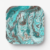 ティール（緑がかった色）と黒の大理石の流体アート ペーパープレート (正面)