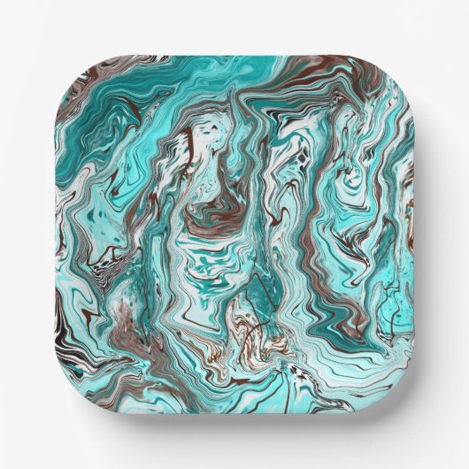 ティール（緑がかった色）と黒の大理石の流体アート ペーパープレート (正面)
