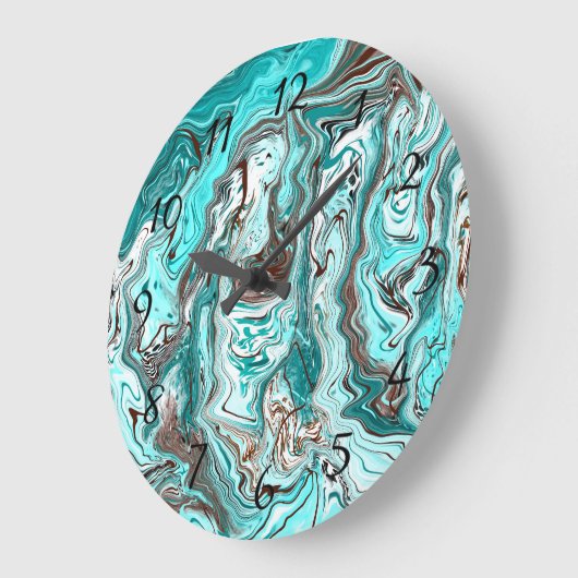 ティール(緑がかった色)と黒の大理石の流体アート ラージ壁時計 (傾斜)