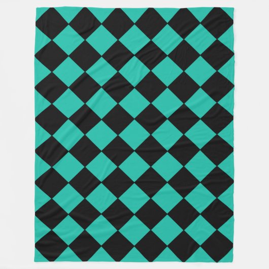 ティール(緑がかった色)と黒のHarlequin Diamondチェックパターン フリースブランケット (正面)