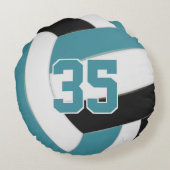 ティール（緑がかった色）と黒チームカラーガールズボーイズバレーボール ラウンドクッション (裏面)