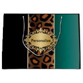 ティール（緑がかった色）と黒ヒョウ柄 ラージペーパーバッグ (正面)
