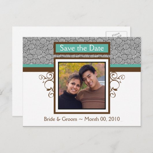 ティール（緑がかった色）とBrown日付写真はがきを保存 案内ポストカード (正面/裏面)