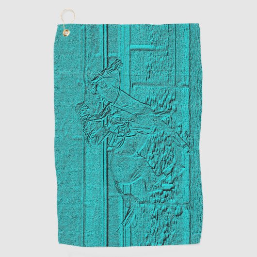 ティール（緑がかった色）によってエッチングされる一見の競馬のシルエット ゴルフタオル (正面)