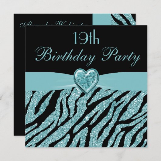 ティール(緑がかった色)によって印刷されるハート及びシマウマのグリッターの第19誕生日 招待状 (正面/裏面)