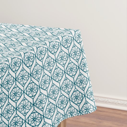 ティール（緑がかった色）に白の民族柄、花、シボロン テーブルクロス (インサイチュ)