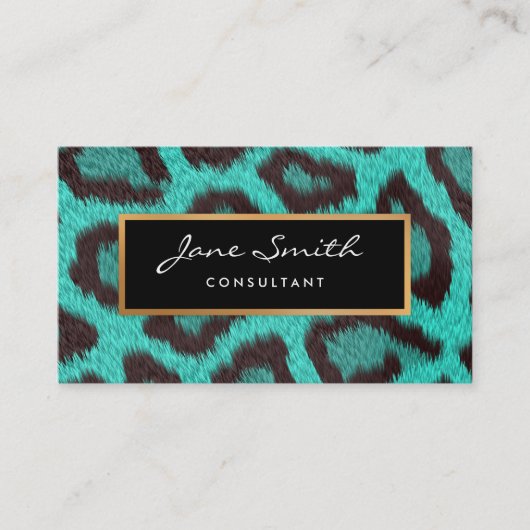 ティール(緑がかった色)のアニマル・スキン、ヒョウ、フェイクな金ゴールドホイル 名刺 (正面)