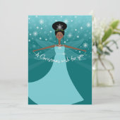 ティール(緑がかった色)のアフリカ系アメリカ人か黒いクリスマスの妖精 シーズンカード (スタンド正面)