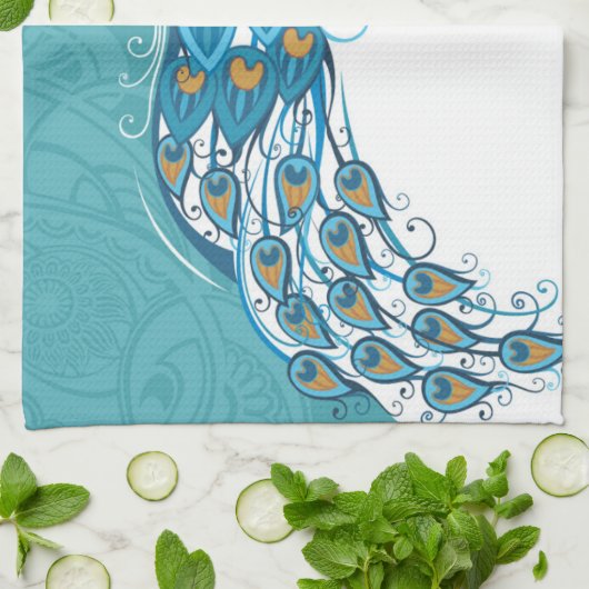 ティール(緑がかった色)のイラストレーションの孔雀 キッチンタオル (折り畳み)