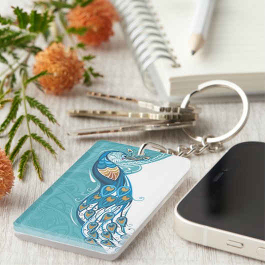 ティール(緑がかった色)のイラストレーションの孔雀 キーホルダー (正面右)