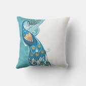 ティール(緑がかった色)のイラストレーションの孔雀 クッション (裏面)