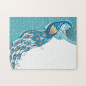 ティール（緑がかった色）のイラストレーションの孔雀 ジグソーパズル (横)