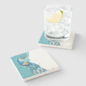 ティール(緑がかった色)のイラストレーションの孔雀 ストーンコースター (横)