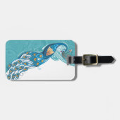 ティール(緑がかった色)のイラストレーションの孔雀 ラゲッジタグ (正面横)