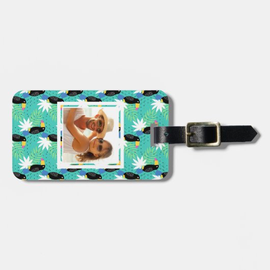 ティール(緑がかった色)のカスタムな写真Toucans ラゲッジタグ (正面横)