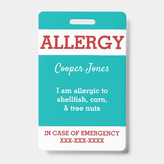 ティール（緑がかった色）のカスタムはパーソナライズな食物アレルギー警報をからかいます バッジ (Front)
