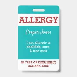 ティール（緑がかった色）のカスタムはパーソナライズな食物アレルギー警報をからかいます バッジ