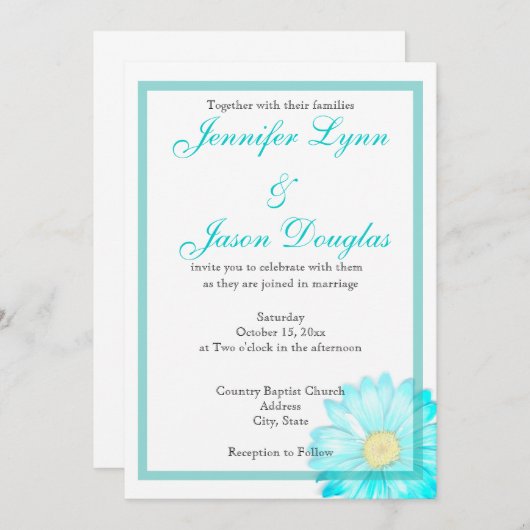 ティール(緑がかった色)のガーベラのデイジーのシンプルの結婚式招待状 招待状 (正面/裏面)