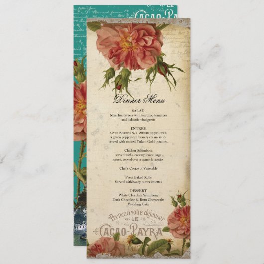 ティール（緑がかった色）のクリーム色のヴィンテージのエッフェル塔のばら色の夕食メニュー メニュー (正面/裏面)