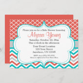 ティール(緑がかった色)のクローバーのシェブロンの珊瑚の招待状 招待状 (正面/裏面)