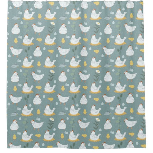 ティール(緑がかった色)のクープで夢を見る鶏 シャワーカーテン (正面)