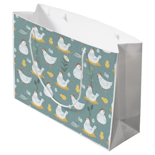 ティール（緑がかった色）のクープで夢を見る鶏 ラージペーパーバッグ (裏面アングル)