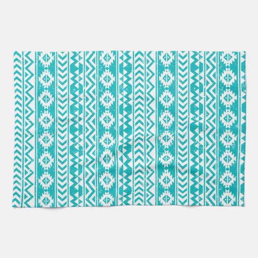 ティール(緑がかった色)のグランジでアステカな種族パターン キッチンタオル (横)