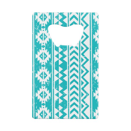 ティール(緑がかった色)のグランジでアステカな種族パターン クレジットカード栓抜き (裏面)