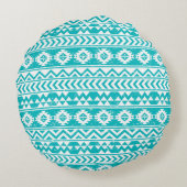 ティール(緑がかった色)のグランジでアステカな種族パターン ラウンドクッション (裏面)