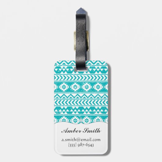 ティール(緑がかった色)のグランジでアステカな種族パターン ラゲッジタグ (裏面縦)