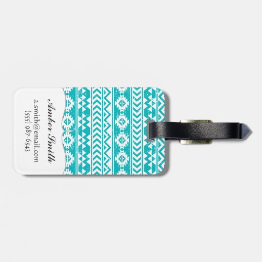 ティール(緑がかった色)のグランジでアステカな種族パターン ラゲッジタグ (裏面横)