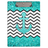 ティール（緑がかった色）のグリッターのいかりおよびシェブロン クリップボード (正面)