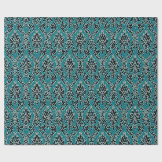 ティール（緑がかった色）のグリッターのエレガントなヴィンテージのダマスク織の包装紙 ラッピングペーパー (フラット)