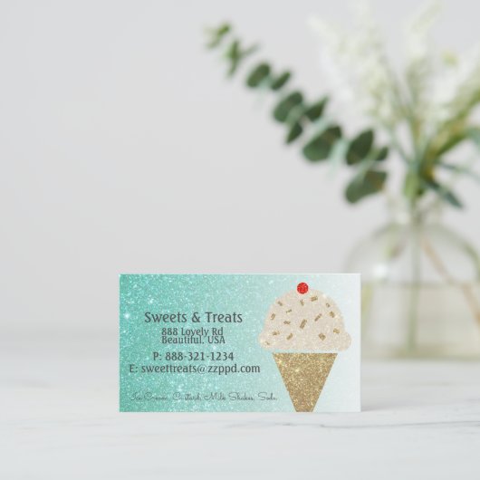 ティール（緑がかった色）のグリッターの勾配のアイスクリームコーン 名刺 (スタンド正面)