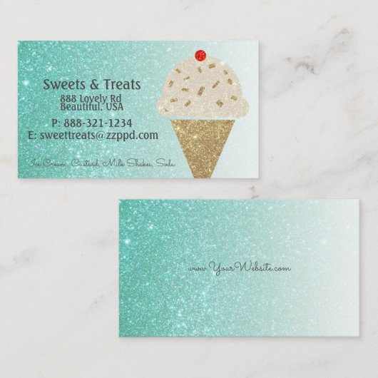 ティール(緑がかった色)のグリッターの勾配のアイスクリームコーン 名刺 (正面/裏面)