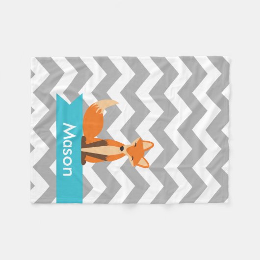 ティール(緑がかった色)のシェブロンのパーソナライズな灰色のキツネ フリースブランケット (正面(横))