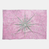 ティール（緑がかった色）のスノーフレークエレガント紫ヴィンテージ冬 キッチンタオル (横)